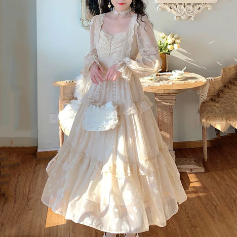 Medieval Romantic French Court Style Dress Womens Spring Flare Sleeve High Waist Elegant Female Dress Vintage Long Dresses