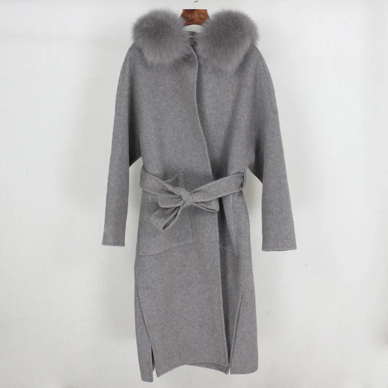 New Oversize Loose Cashmere Wool Blends Real Fur Coat Winter Jacket Women Natural Fox Fur Collar Hood Outerwear Belt