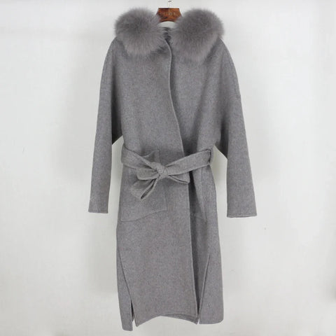New Oversize Loose Cashmere Wool Blends Real Fur Coat Winter Jacket Women Natural Fox Fur Collar Hood Outerwear Belt