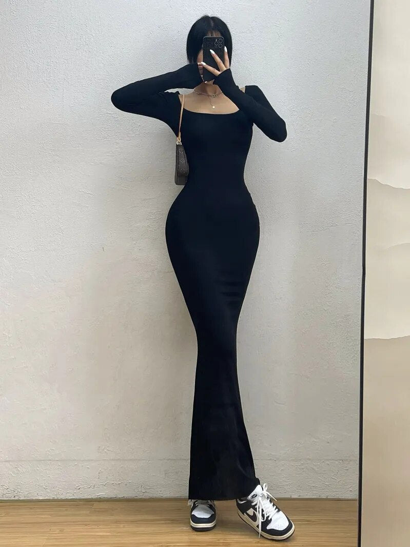 Sexy Square Collar Long Sleeve Fishtail Dress Tight Figure Wrap Hip Super Long Dresses Fashion Korean Tops