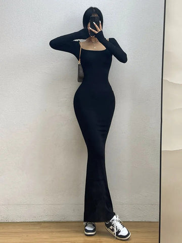 Sexy Square Collar Long Sleeve Fishtail Dress Tight Figure Wrap Hip Super Long Dresses Fashion Korean Tops