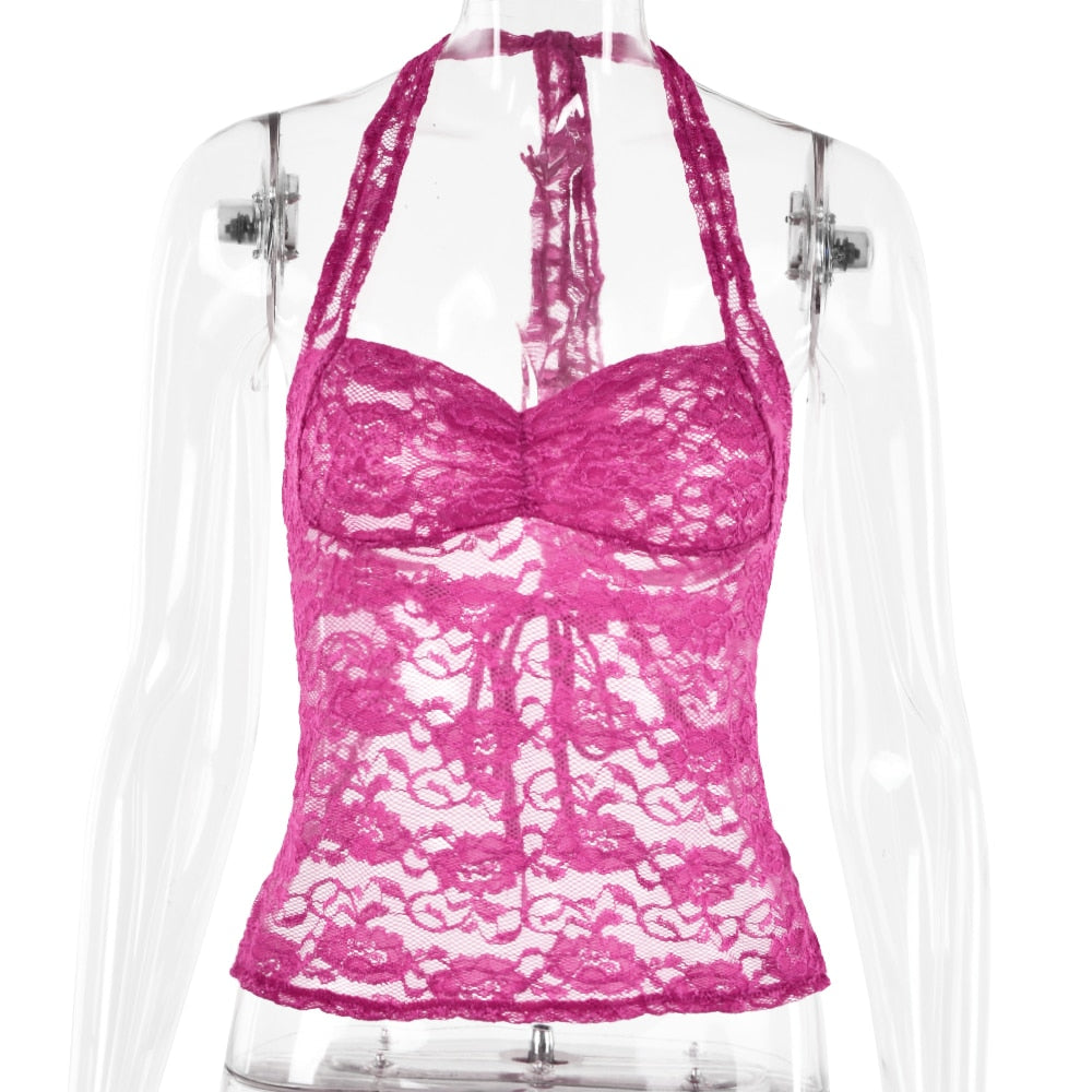 Ladies Sexy Halter Bandage Lace See Through Crop Top For Women Summer Backless Slim Party Tops Vest
