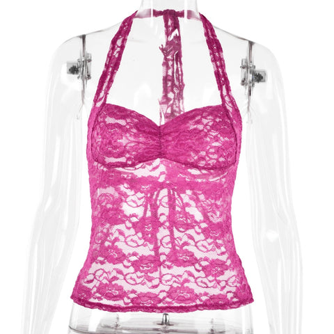 Ladies Sexy Halter Bandage Lace See Through Crop Top For Women Summer Backless Slim Party Tops Vest