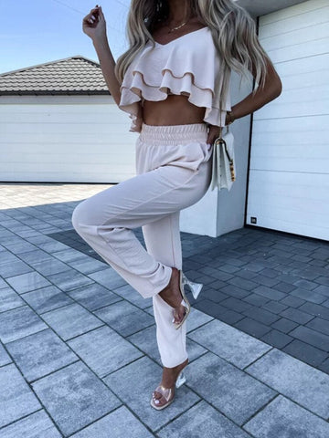 Elegant Casual Solid Two Piece Set New Women V Neck Ruffles Sling Tops+Elastic Waist Long Harem Pants Summer Fashion Chic Outfit