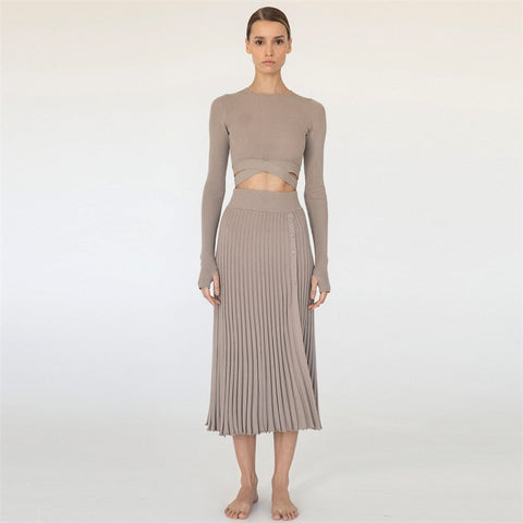 White Knit Two Piece Women Sets Fall Ribbed Crop Top And Pleated Knitted Skirt Suits For Women Midi Dress Sets