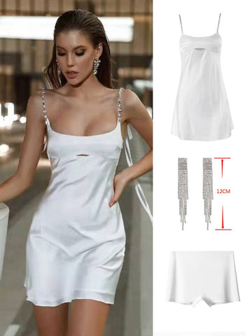 A line Satin White Dress sexy Crystal Stone Strap Club Party Dresses with lining Mini Summer Dresses Woman High Quality