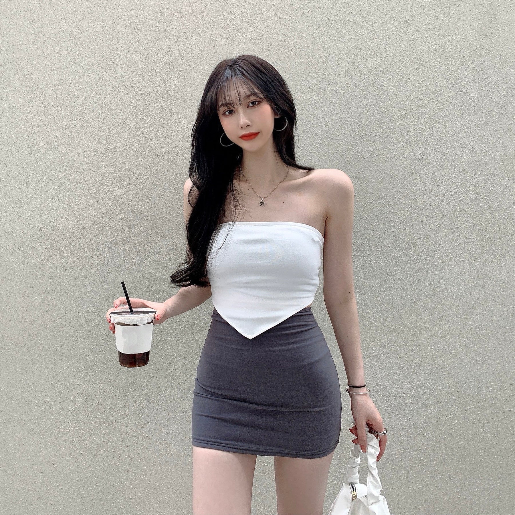 Pbong Sweet wrapped chest female high waist thin hot girl irregular autumn Base tank tops cotton sexy korean women 9FQ6