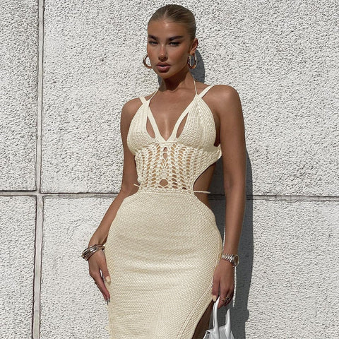 White Knitting Summer Sexy Two Piece Set Backless Top Bodycon Long Skirt Women Set Elegant Casual 2 Piece Set Women