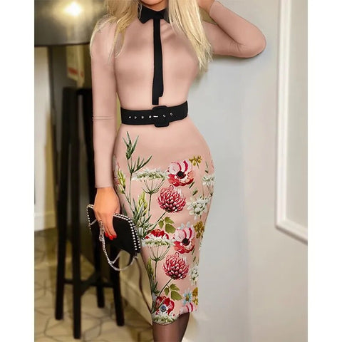 Office Lady Vintage Print Long Sleeve Belt Slim Bodycon Dress Women Summer New Elegant Fashion Commute Dresses Vestidos Feminino