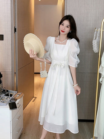 Solid Sexy Casual Bow Square Collar Short Puff Sleeve Evening Midi Dresses for Women Summer New Maxi Dress Elegant Clothing