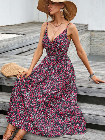 Sexy Floral Long Dress Women Summer Casual Backless White Holiday Beach Dress Fashion A-line Sleeveless New In Dresses