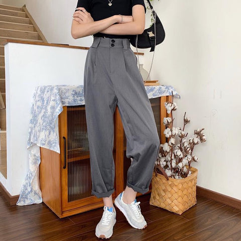 Fashion Loose Streetwear Women Wide Leg Pants Summer Elastic High Waist Suit Pants Retro Solid Black Female Trousers New S - 4XL