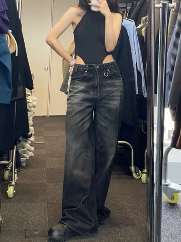 Vintage Black Wide Leg Jeans Women Oversized High Street Korean Fashion Baggy Denim Trousers Grunge Y2k Female Hip Hop