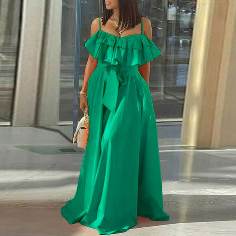 Pbong mid size graduation outfit romantic style teen swag clean girl ideas 90s latina aesthetic freaknik tomboy swaggy going out clasSpring Holiday Beach Kleid Robe Women Spaghetti Strap Sundress Stylish Solid Ruffle Off Shoulder A-Line Pleated Dress