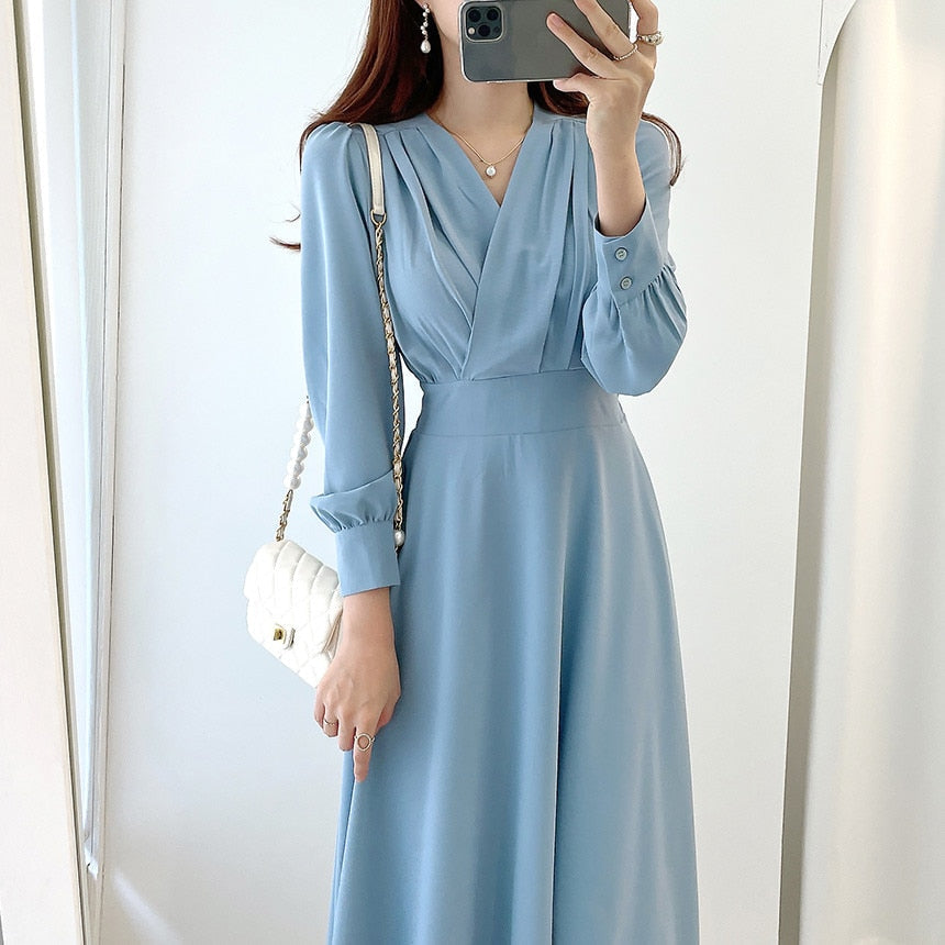 Harajuku V-neck Puff Sleeve A-line Maxi Dresses for Woman Women Solid Color Midi Robe Korean Office Dresses Elegant Spring