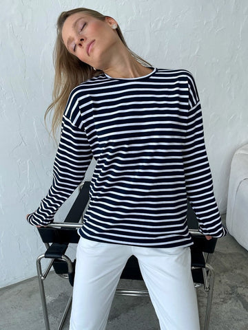 Bornladies Summer Short Sleeve Striped T-Shirts Women Knitted Basic Casual Tops Female Cozy Loose Cotton Tee Harajuku Shirt