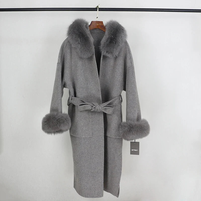 New Oversize Loose Cashmere Wool Blends Real Fur Coat Winter Jacket Women Natural Fox Fur Collar Hood Outerwear Belt