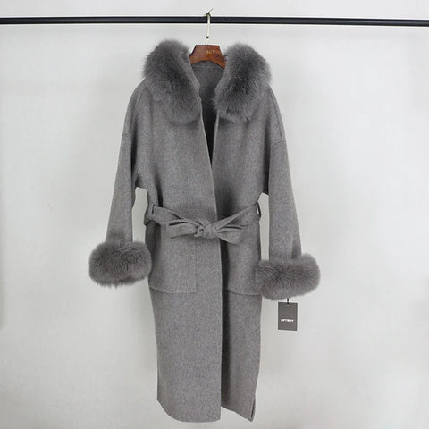 New Oversize Loose Cashmere Wool Blends Real Fur Coat Winter Jacket Women Natural Fox Fur Collar Hood Outerwear Belt