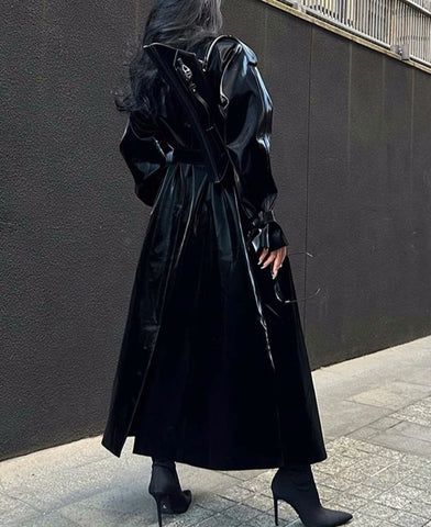 Spring Autumn Extra Long Oversized Cool Reflective Shiny Black Paten Leather Trench Coat for Women Belt Runway Fashion