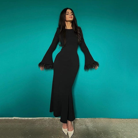 Fashion Feather Sleeve Dress Women Sexy Long Bodycon Dress Autumn Elegant Slim Wrap Dress Lady Black O-Neck Evening Party Dress