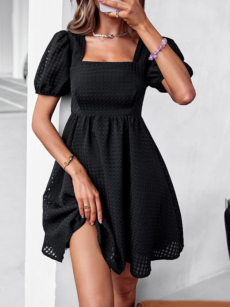 Elegant Solid Puff Short Sleeve Mini Beach Dress Summer Square Collar Hem Party Dress New Women Chic Office Commute A-line Dress