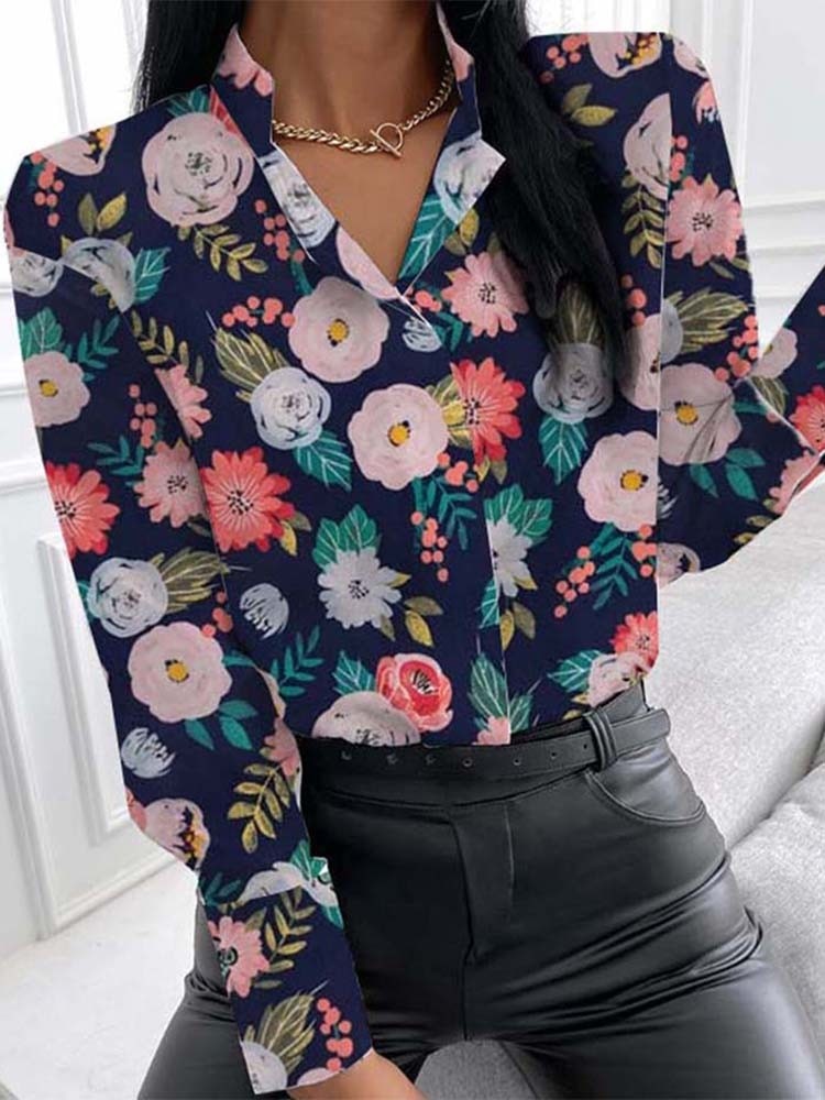 Autumn Floral Print Blouse Women Clothes Stand Collar Long Sleeve Office Lady Shirts Tops Female Casual Plus Size Blouses