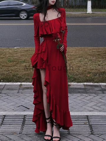 Autumn Red Vintage Elegant Dress Women Flare Sleeve Designer Sweet Long Dress Female Ruffles Retro Princess Irregular Dress