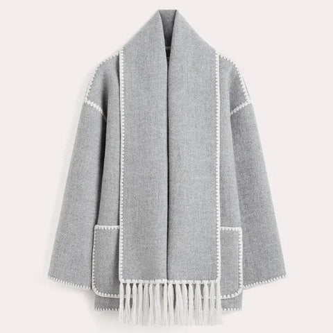 Fashion Loose Wool Coat With Scarf Women Elegant Pockets Long Sleeve Warm Jacket Lady Winter Single Breasted Thick Outwear