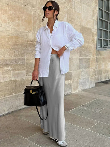 High Waist Lace-Up Long Skirt Women Casual Solid Patchwork Satin Elegant Maxi Skirt Fashion Patchwork Women's Long Skirt