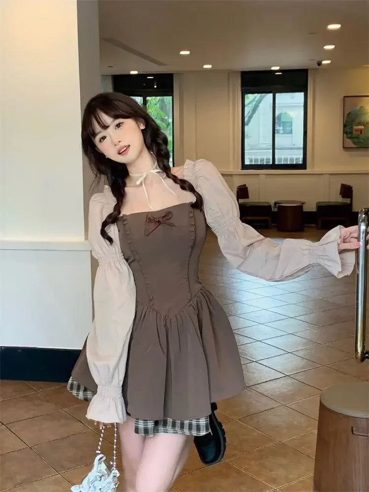 Deeptown Kawaii Korean Style Brown Mini Dress Women Fairycore Cute Lolita One Piece Long Sleeve Tunic Princess Dresses Autumn