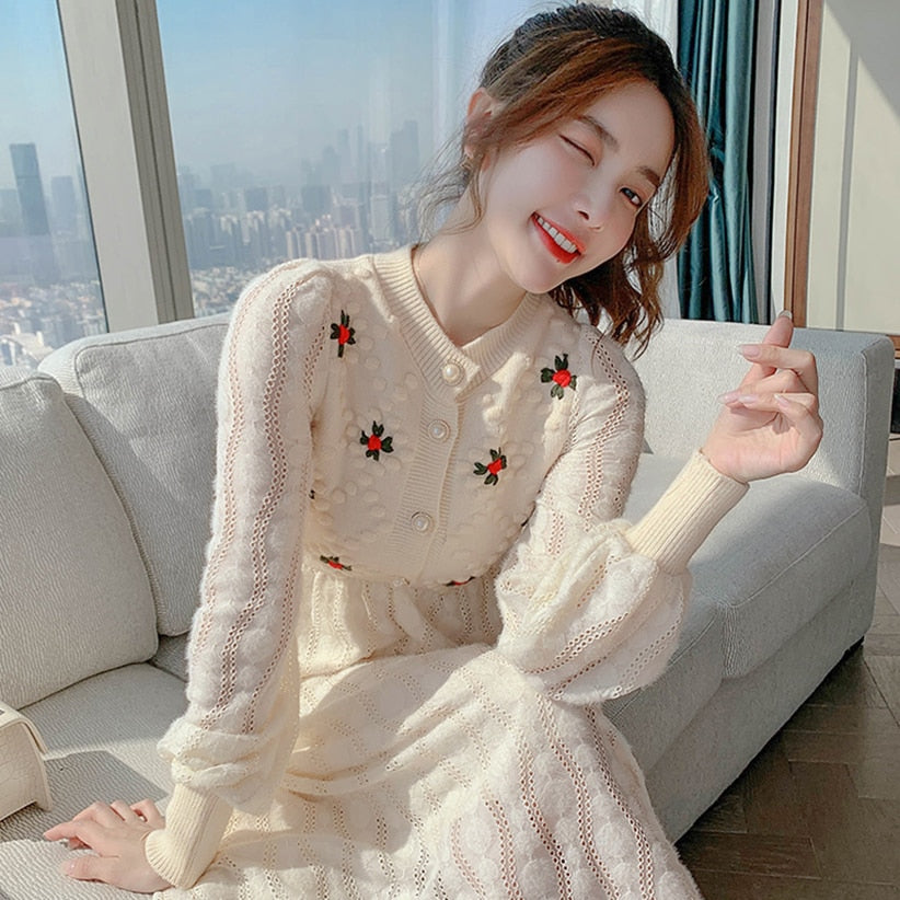 Knitting Sweater Maxi Dresses for Women Female Korea Style Slim Embroidery Wool Long Sleeve Woman Dress Party Autumn Winter