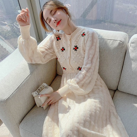 Knitting Sweater Maxi Dresses for Women Female Korea Style Slim Embroidery Wool Long Sleeve Woman Dress Party Autumn Winter