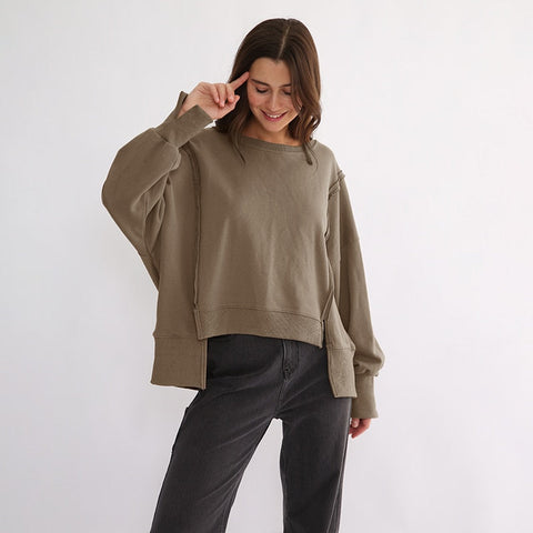 Oversized 100% Cotton Women Sweatshirts Long Sleeve Patchwork Open Side Streetwear Harajuku Pullovers Autumn Clothes For Women