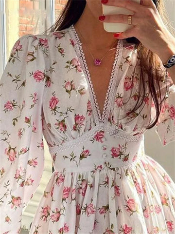 Elegant Women Floral Print Short Mini Dress Long Lantern Sleeve Deep V Neck High Waist A-Line Dresses Female Vestidos