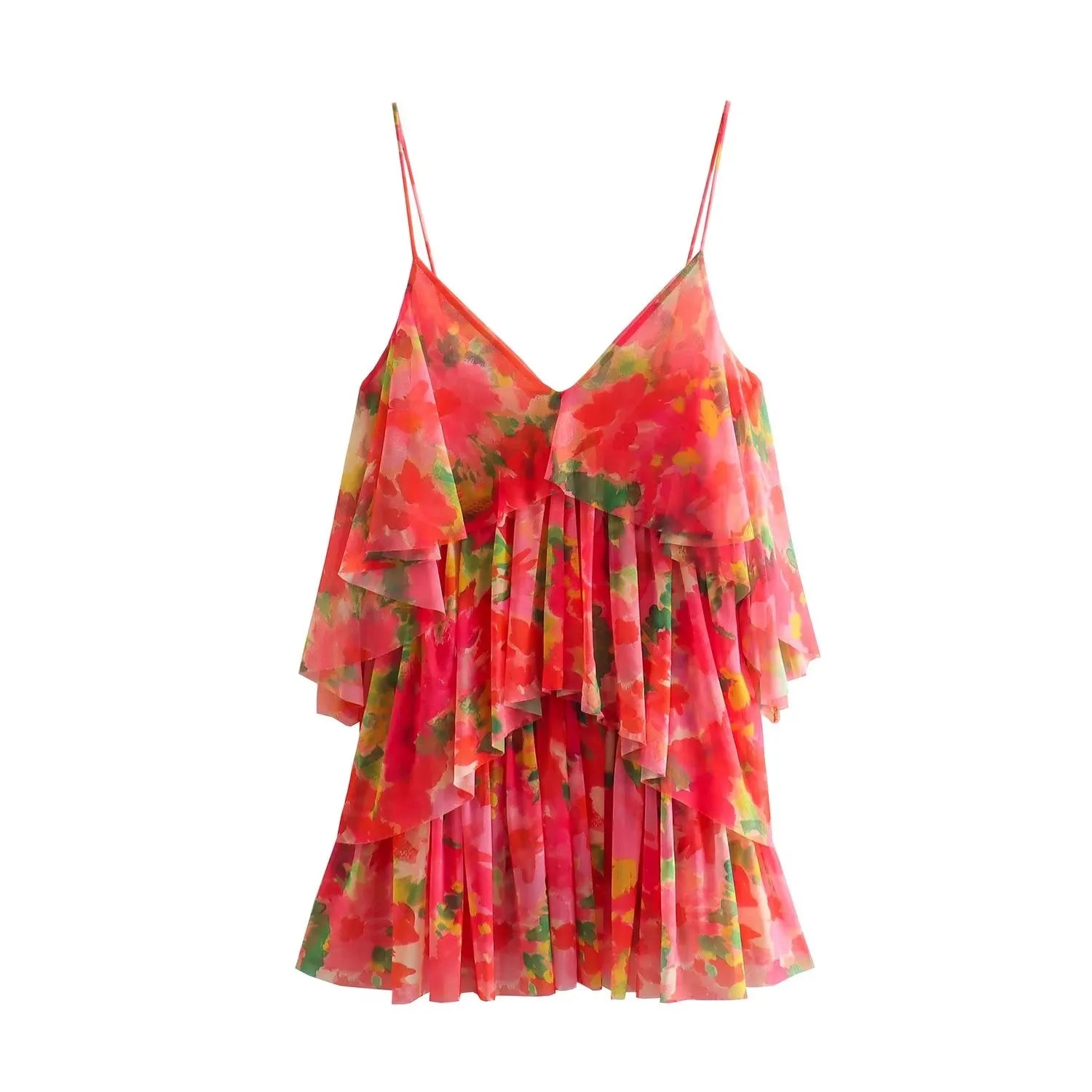 Women Sexy V Neck Tropical Floral Print Pleat Ruffles Sling Mini Dress Female Chic Backless Summer Mesh