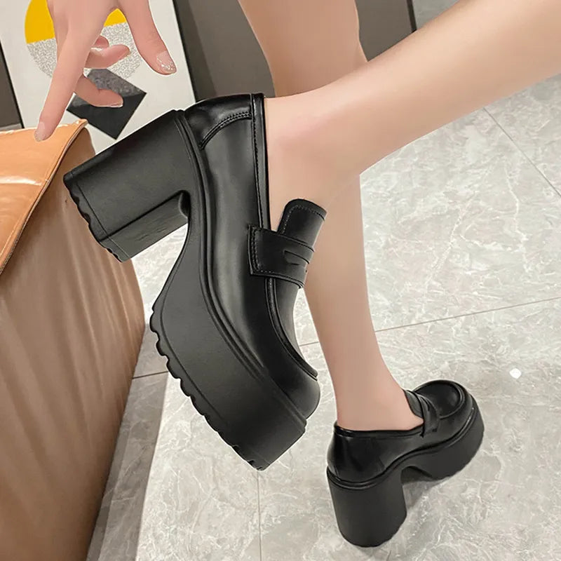 Black White Chunky Platform Loafers Women Autumn Thick High Heel Pumps Woman Slip On Pu Leather Goth Shoes Female