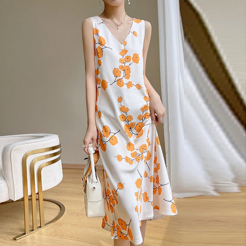 Explosive French Acetate Sling Dress Women's Summer New Waist Long Skirt High-End Printed Skirt Suit Matching