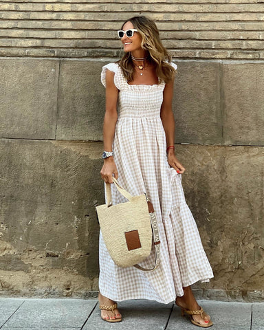 Elegant Square Collar Plaid Summer Dress Women A-line Elastic Khaki Ruffled Dresses Beach Party Sleeveless Maxi Dress