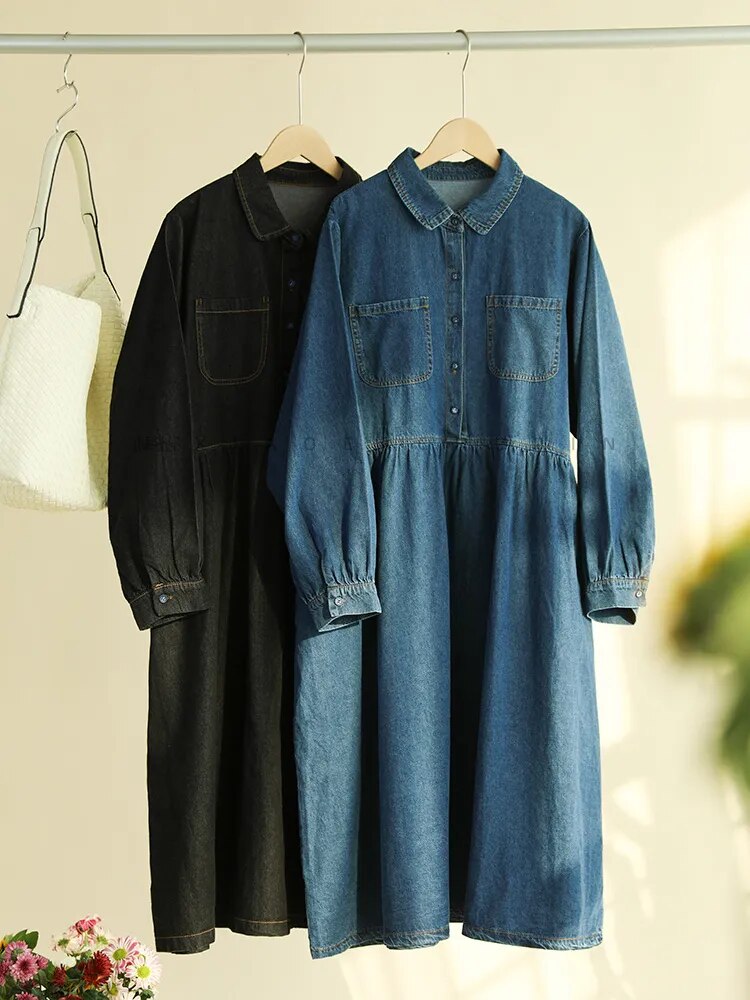 Autumn New Loose Retro Casual Commuter Outwear Mid Length Cotton Denim Large Pocket Solid Elegant Long Sleeve Dress