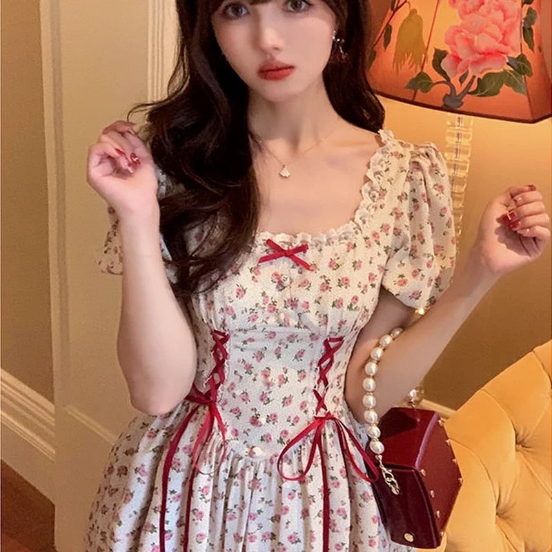 Floral Lace Dress Mori Girl Style Elegant Puff Sleeve Bandage Kawaii Fairy Princess Mini Short Dresses Woman