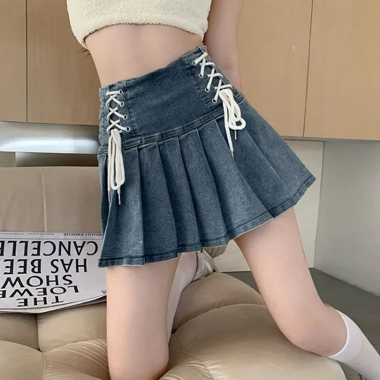 Korean Chic Blue Denim Skirt for Women Summer New High Waist A-line Skirts Y2k E-Girl Drawstring Bow Faldas Mujer