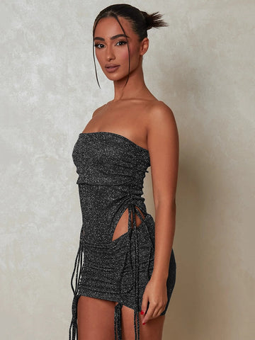 Glitter Sexy Dress Set Women Strapless Bodysuit And Mini Skirt Matching Sets Ladies Party Drawstring Two Piece Sets