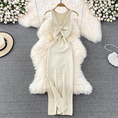 Sleeveless Hollow Split Wrap Dress Midi Sexy Fashion Elastic Tight Party Elegant Vestidos Chic Beach Vacation Summer Women Dress