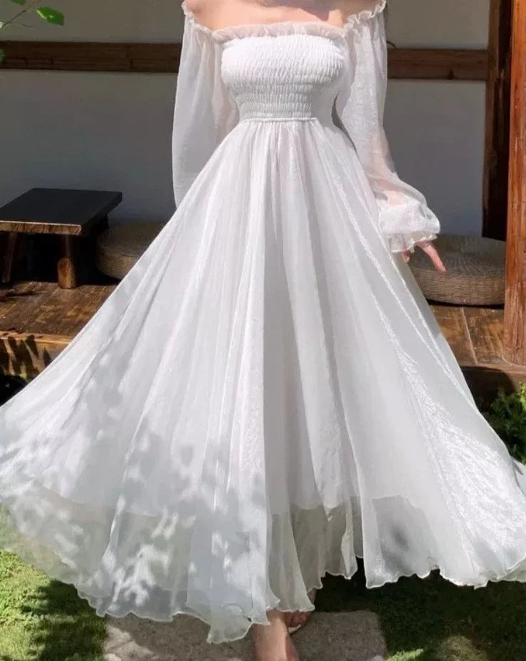 Elegant Maxi Dresses For Women White Off Shoulder Puff Long Sleeve Elastic High Waist Party Gown Ruffle Holiday Dress