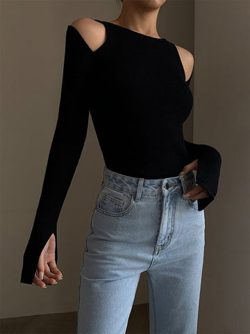 Spring Women Long Sleeve O-Neck Knit Crop Tops Hollow Out Knitwear Streetwear Design Korean Fashion T Shirts Aesthetic Vintage