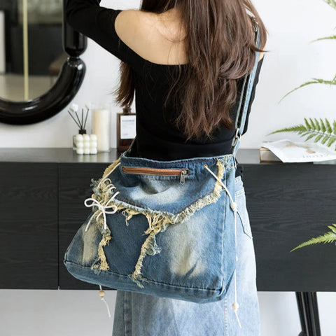 Y2K Korean Harajuku Gothic Hobo Denim Bag Aesthetic Vintage Purses WomenHandbag Crossbody Messenger Tote Peddler Shoulder Bags