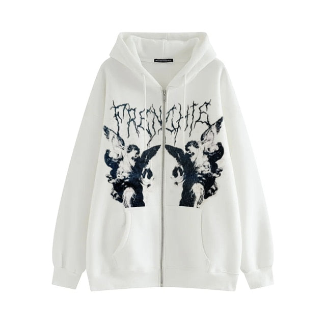Hip Hop Streetwear Women Angel Dark Print Harajuku Hooded Jacket Sweatshirts  Autumn Punk Zipper Y2k Tops Coat Goth Outwear