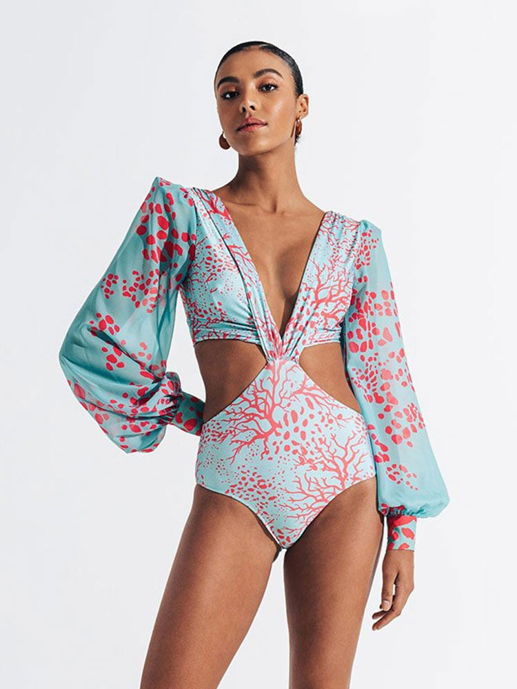 V- Neck Bandage Print Long Sleeve Swimwear Women Monokini Sexy Bathing Suit String Backless Beachwear Pus Size L47