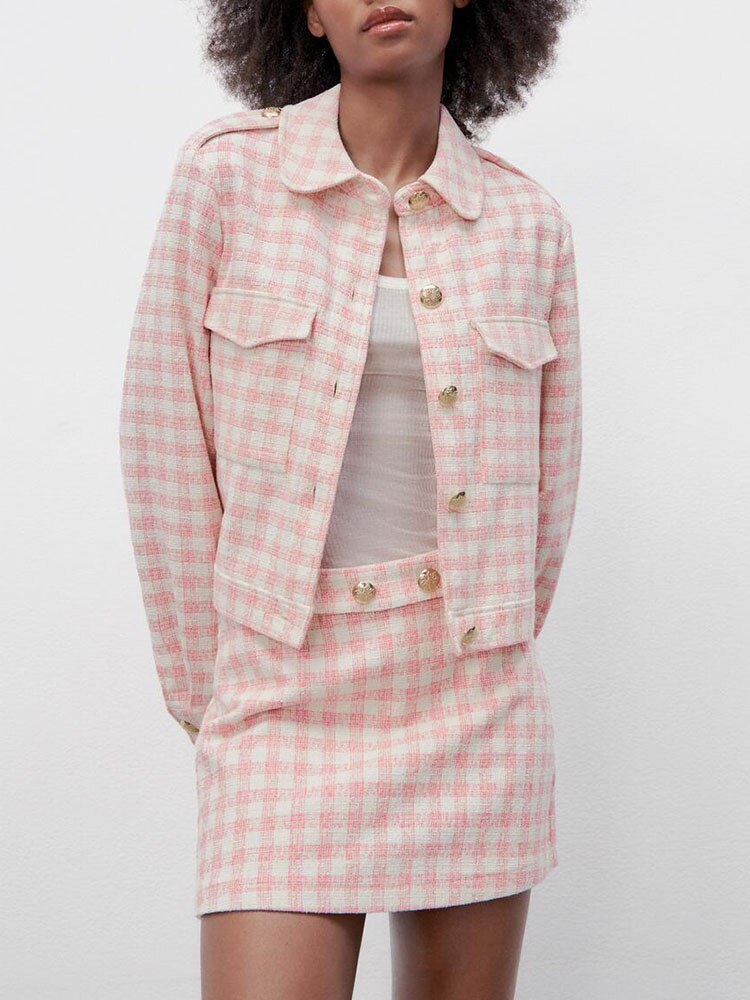 ZA spring new sweet girl pink checkerboard pattern suit jacket + temperament high waist checkerboard pattern casual shorts