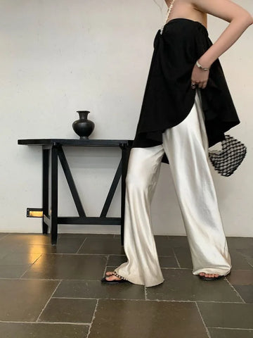 Satin Wide Leg Pants Women's Summer Elegant Trousers Casual Baggy Korean Fashion Female Office Wear Black Pants